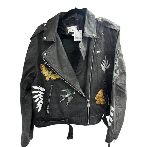 Free People Denim & Bone Patchwork Moto Leather Jacket Size XL - Picture 8 of 8